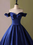 Blue Satin Off Shoulder Sweetheart Floor Length Prom Dress, Blue Satin Evening Dress